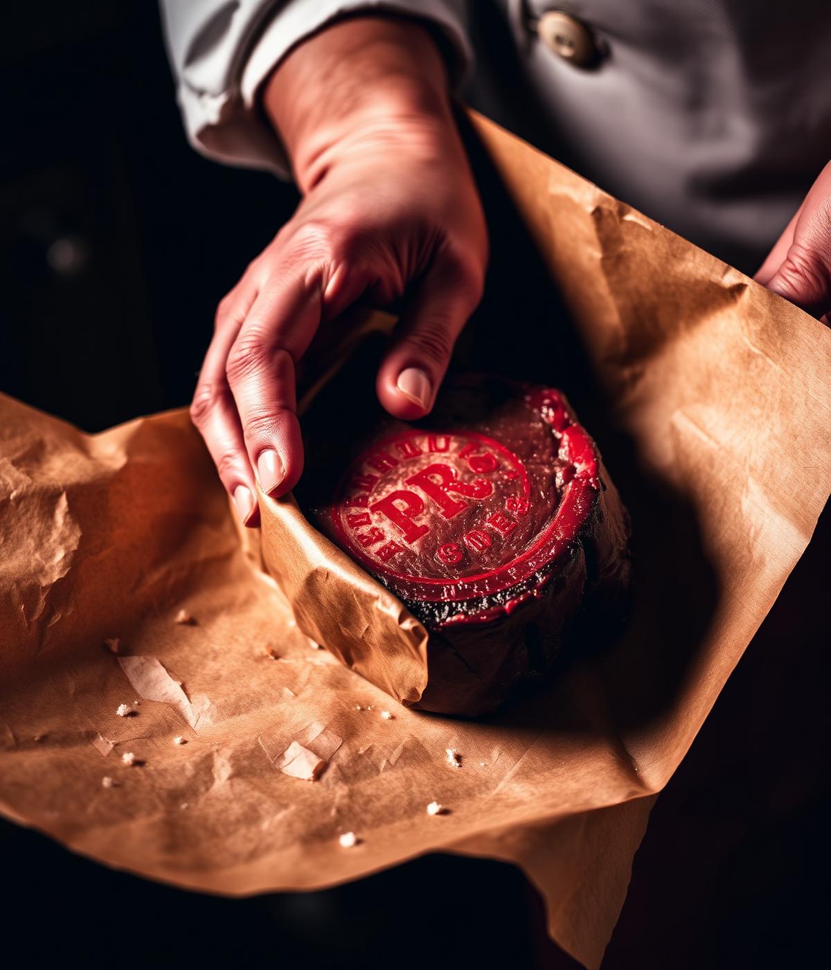 Un măcelar învelește o bucată de carne în hârtie kraft cu ștampilă de calitate